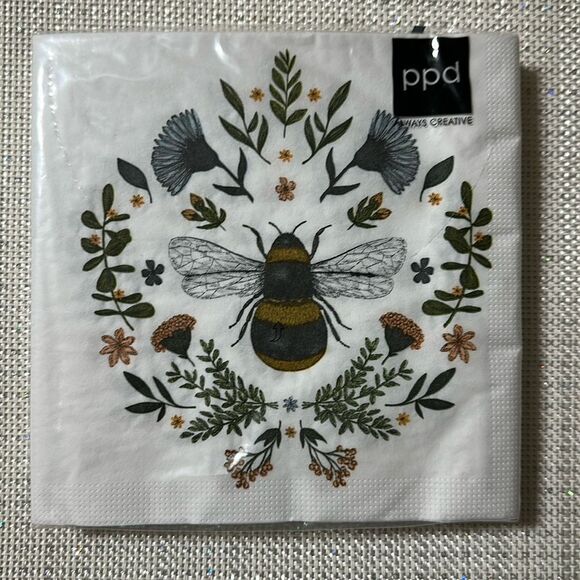 PPD White Blue Black Gold Green Secret Bee Square Napkins set of 2 - Picture 2 of 5